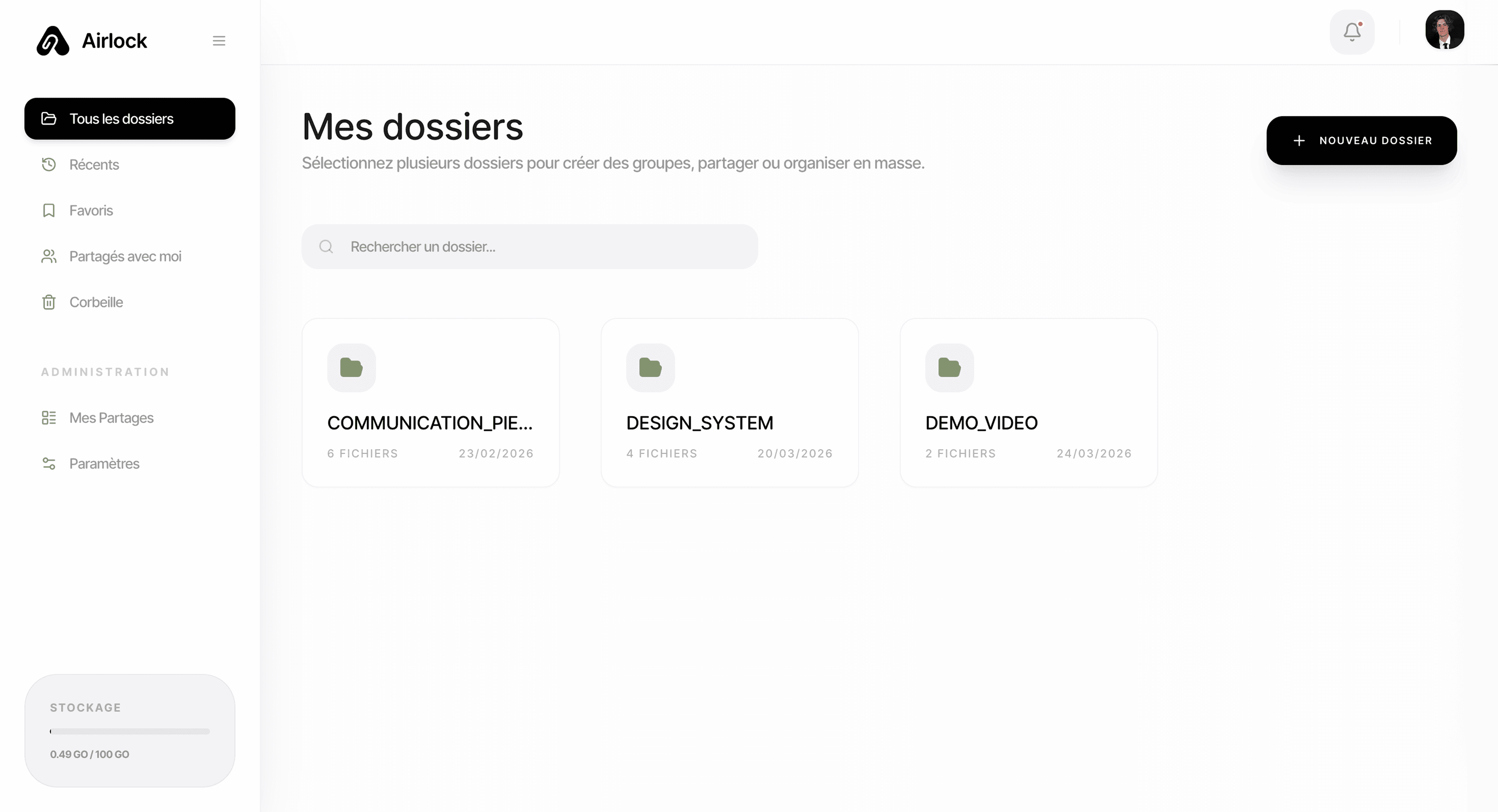Airlock Dashboard - Interface de gestion de fichiers avec workspace, dossiers et navigation intuitive