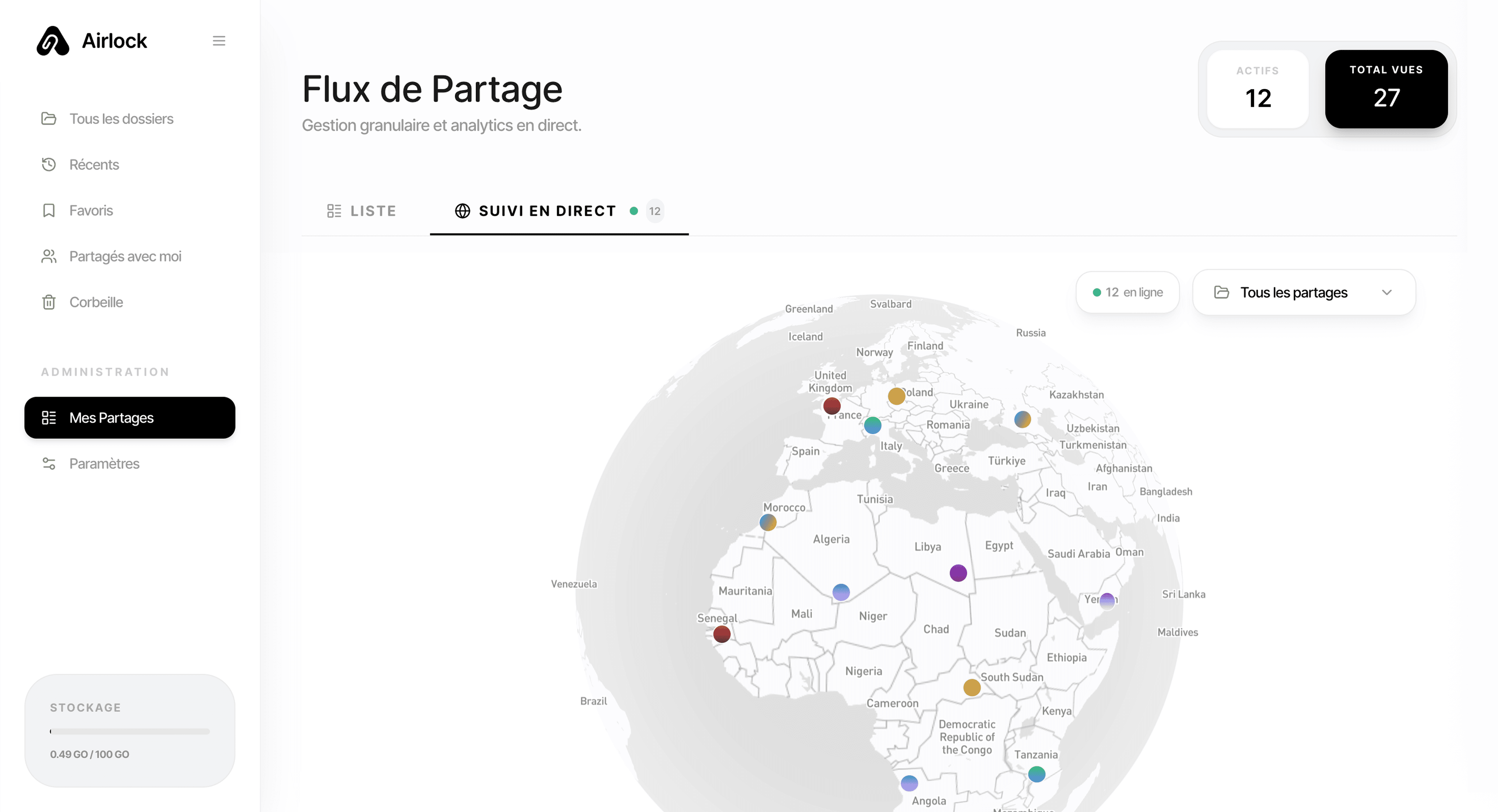 Airlock Analytics - Tableau de bord avec statistiques en temps réel : vues, téléchargements, sessions actives