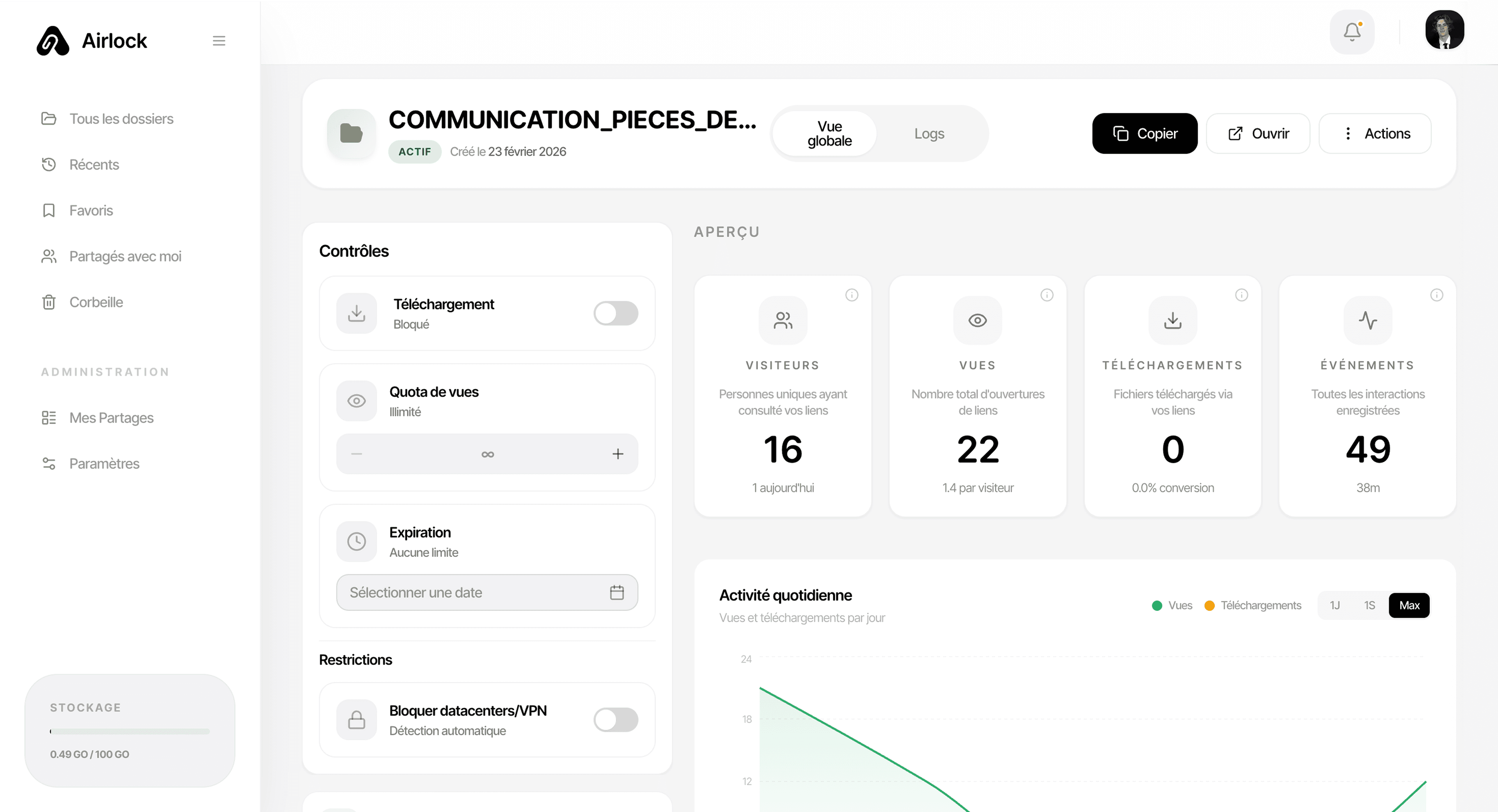Airlock Règles de Partage - Configuration des paramètres de sécurité : mot de passe, expiration, quota de vues