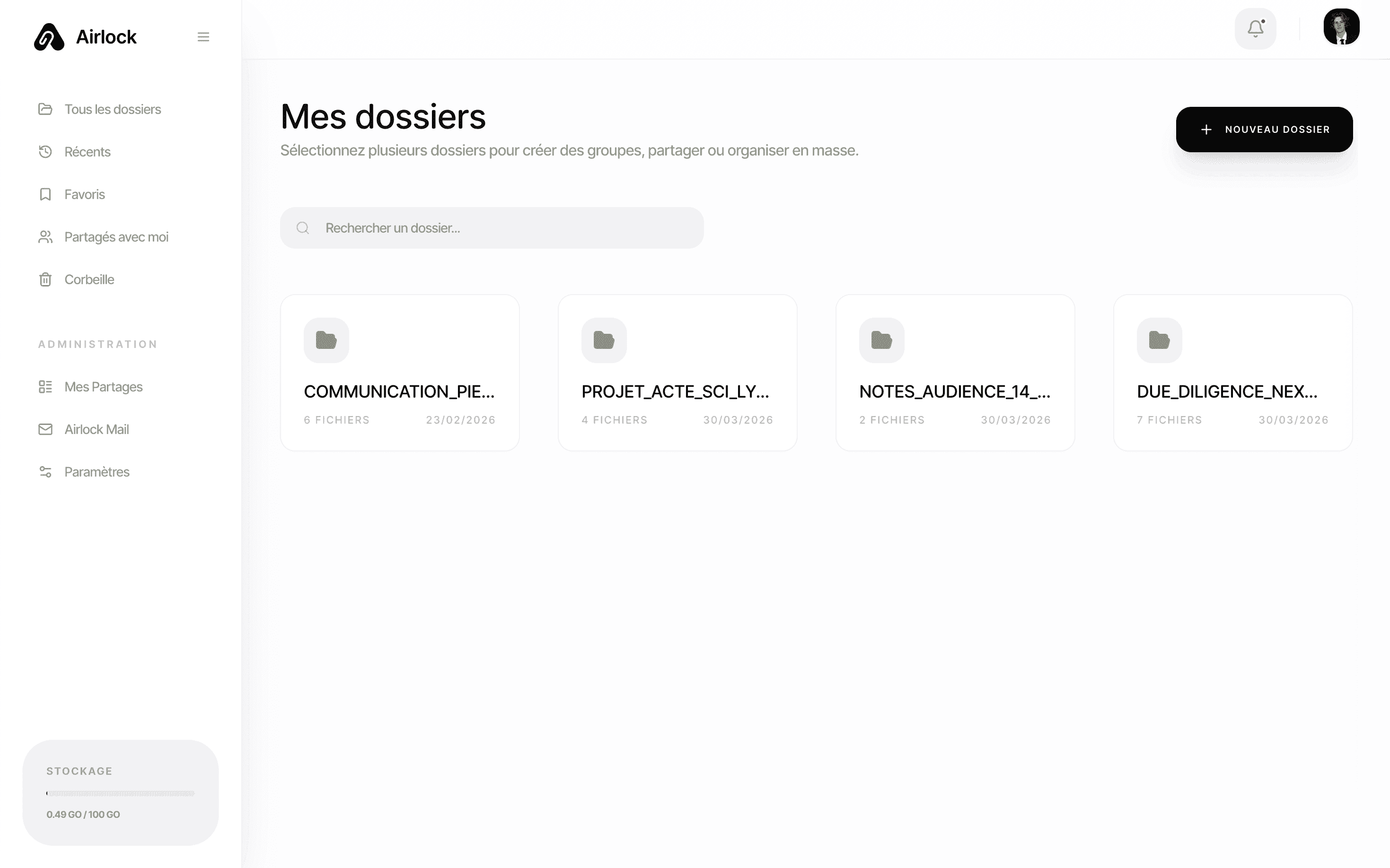 Dashboard Airlock — gestion sécurisée de documents pour cabinets d'avocats