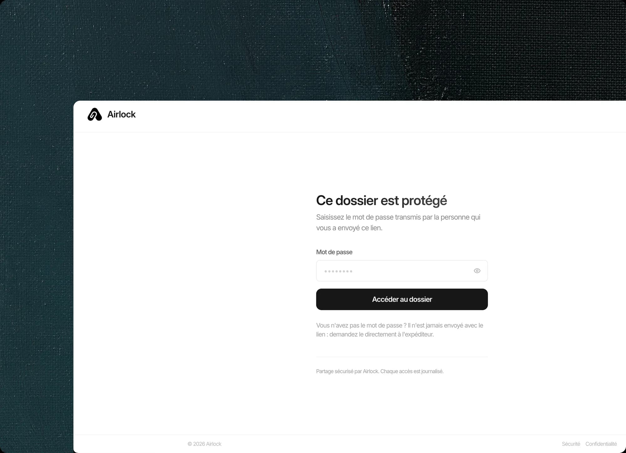 Page d’accès Airlock : le dossier partagé demande un mot de passe avant de s’ouvrir
