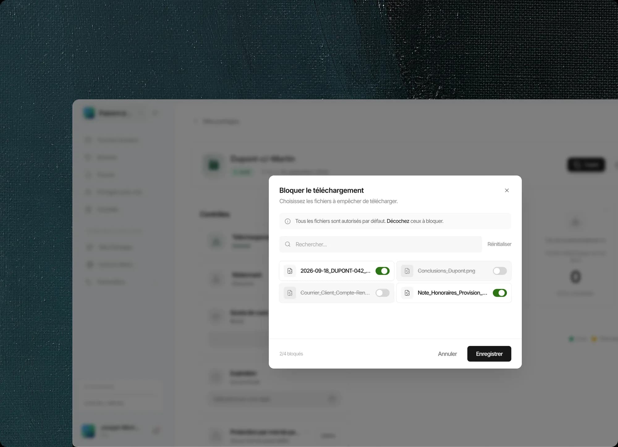 Tableau de bord Airlock : le téléchargement est bloqué sur le partage, le client consulte les pièces à l’écran uniquement