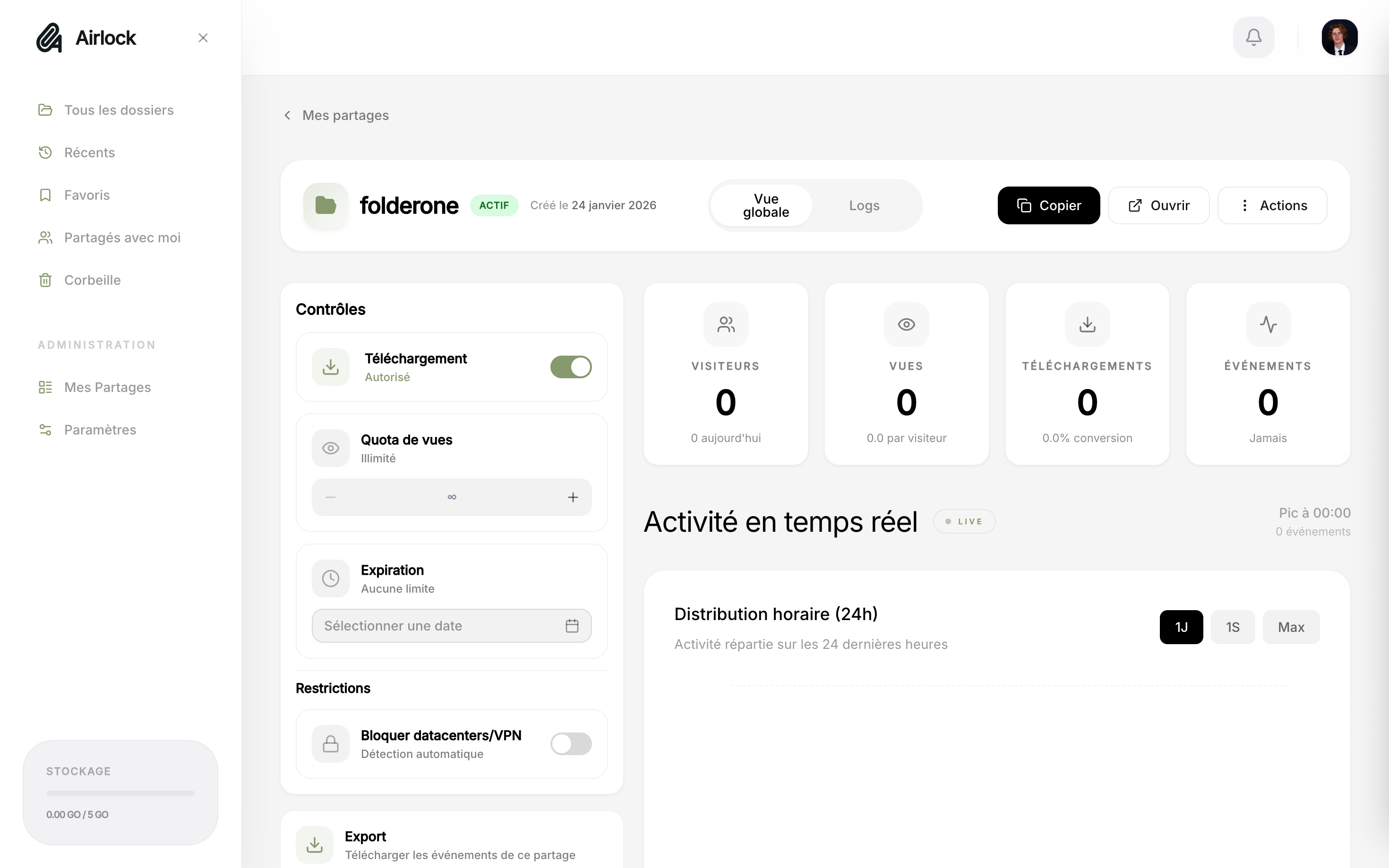 Airlock Analytics - Tableau de bord avec statistiques en temps réel : vues, téléchargements, sessions actives